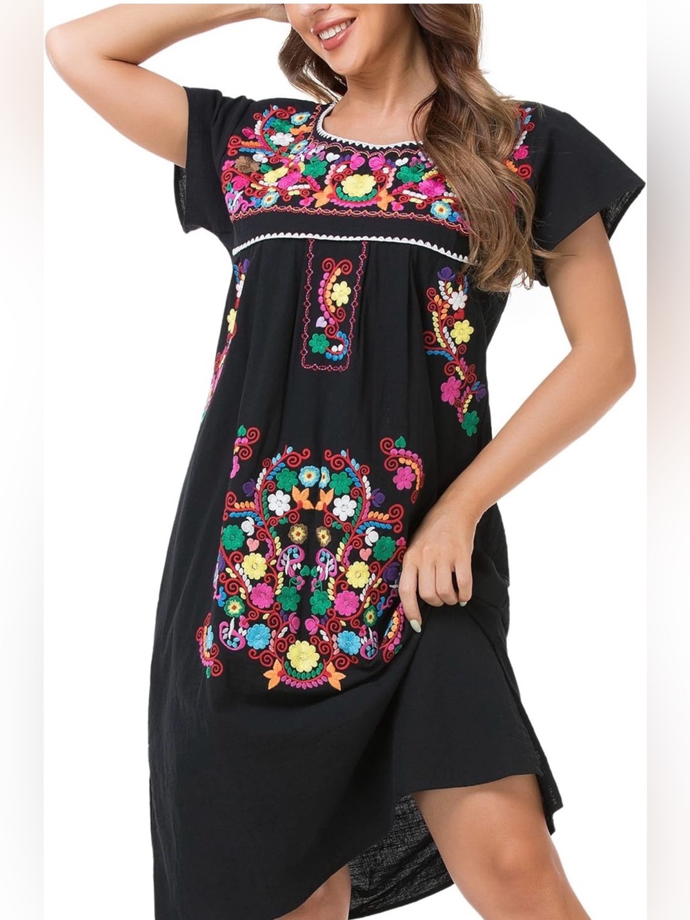 YZXDORWJ Embroidered Mexican Puebla Peasant Mini Dress m